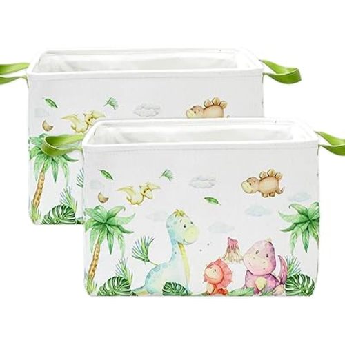 Dinosaur Storage Basket with Handles Watercolor Jurassic Cube Clothes Laundry Hamper Foldable Fabric Container Box for Bedroom Shelves Closet Cloth Toy Organizer, 2Pcs