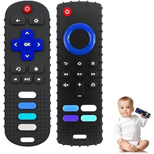Baby Teething Toys,Reomte Teether Toys, Silicone Chew Toy for Babies 18+ Months, Remote Control Shape Teething Toys, Early Educational Toy BPA Free & Refrigerator Safe (Black01&Black02)