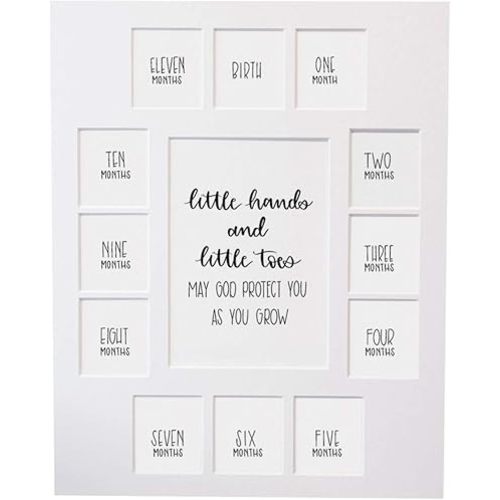 Baby’s First Year Picture Mat – Little Hands and Little Toes Photo Collage – No Frame - 13 Baby Picture Slots – Newborn Birth to One Year Birthday – Watch Your Baby Grow (White Mat)