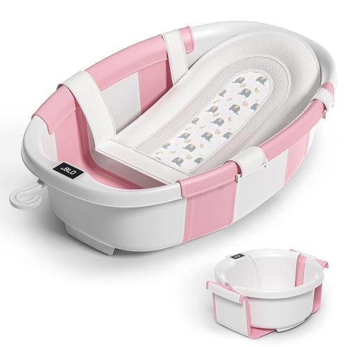 Collapsible Baby Bathtub for Newborn to Toddler 0-36 Months,Spacious Foldable Infant Bath Tub with Thermometer,Cushion & Drain Hole,Portable Travel Tub, Baby Shower Gift Pink