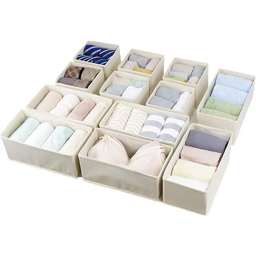 Set of 12 Drawer Organizer, Fabric Closet Organizer and Storage Baskets,Foldable Drawer Divider for Clothing,Sock,Ties,Underwear Drawer Organizers,Set of Cabinet Storage Boxes (Beige)