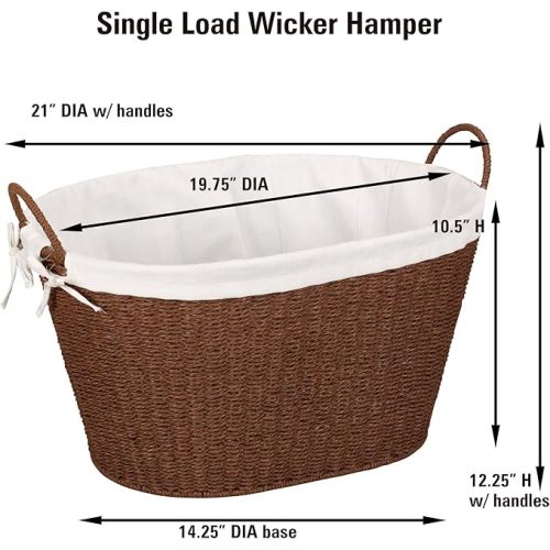Household Essentials ML-7067 Paper Rope Wicker Laundry Basket with Handles | Comes with Removable Liner | Dark Brown Stain - Brown Paper Rope
