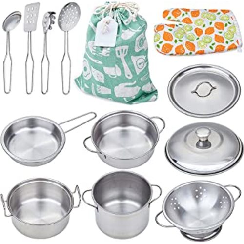 Play Pots and Pans Toys for Kids - Kitchen Playset Pretend Cookware Mini Stainless Steel Cooking Utensils Development Toys for Toddlers & Children Ages 3 Years and up