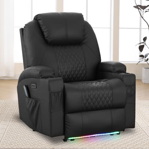 Power Recliner Chair with Heat and Massage for Adults - Home Theater Seating with LED Lights,Cup Holders,Side Pocket,USB Port - Recliner Sofa for Living Room (Black, Single Recliner)