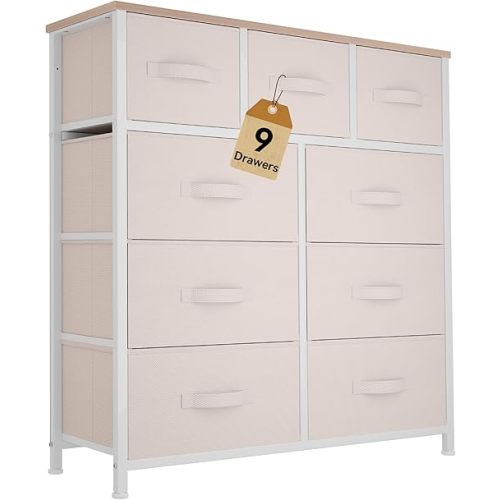 DWVO Dresser for Bedroom with 9 Drawers, Fabric Storage Dresser for Living Room, Closets - Sturdy Steel Frame, Wooden Top & Easy Pull Fabric Bins(Pink)