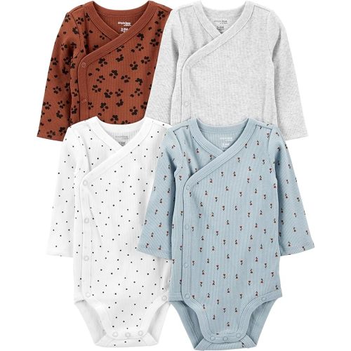 unisex-baby 4-pack Side Snap Bodysuit - Newborn - Blue Floral/Brown Animal Print/Light Grey/White Dots
