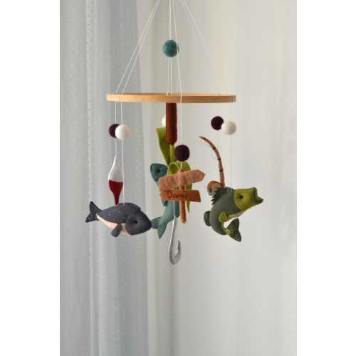Fishing Baby Mobile with Bass Fish & Bobber, Felt Fisherman Nursery Decor, Lake House Crib Mobile for Boy, Baby Shower Gift