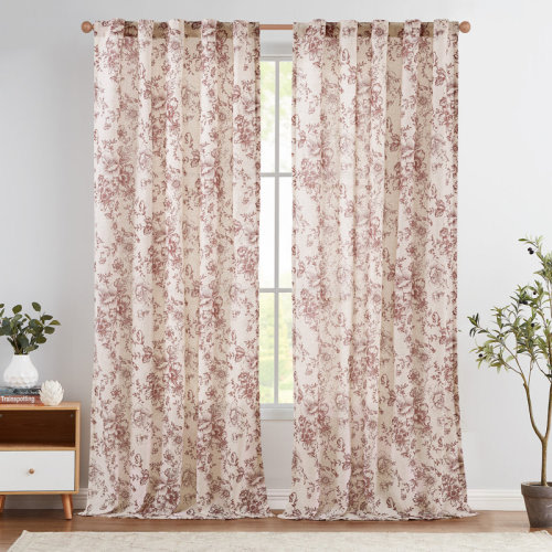 Winston Porter Neacsa Linen Semi Sheer Peony Flower Patterned Rod Pocket Curtain Pair & Reviews | Wayfair
