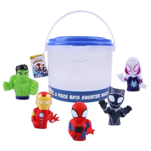 Marvel Spidey & Friends - Plus Avengers - 5 Piece Bath Squirter Bucket Set -Bath Toys for Baby and Toddlers - Includes Organizer Bucket - Store Bath Time Water Toy