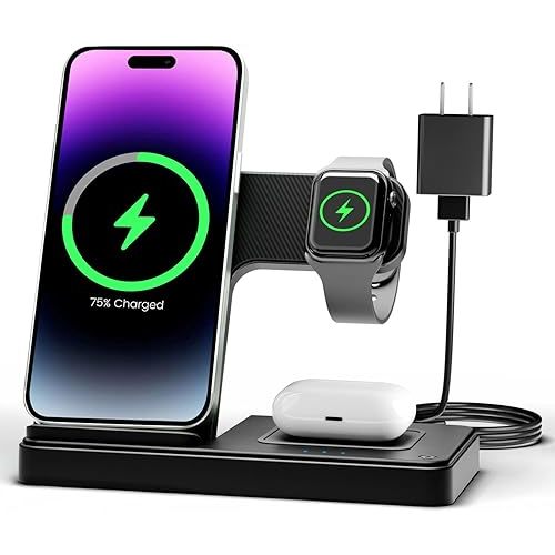 Wireless Charger iPhone Charging Station: 3 in 1 Charger Stand Multiple Devices for Apple - iPhone 16e 16 15 14 Pro Max 13 12 11 - Watch 10 9 8 7 6 5 4 3 2 SE and Ultra Series - Airpods 4 3 2 Pro