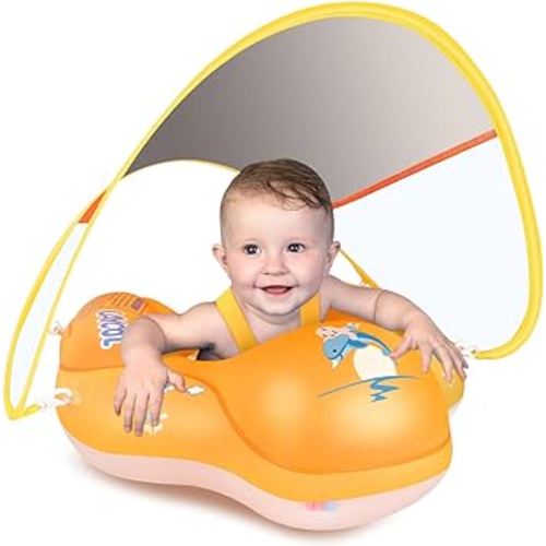LAYCOL Baby Swimming Float Inflatable Baby Pool Float Ring Newest with Sun Protection Canopy,add Tail no flip Over for Age of 3-36 Months (Orange, L)