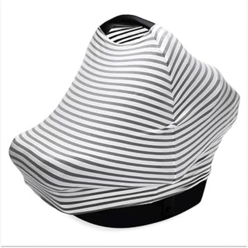 Parker Baby 4 in 1 Car Seat Cover for Girls and Boys - Stretchy Carseat Canopy, Nursing Cover, Grocery Cart Cover, High Chair Cover - Gray/White Stripes