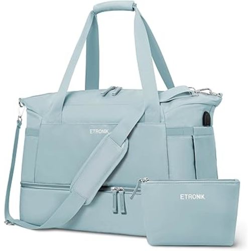 ETRONIK Hospital Bag, Personal Item Travel Duffel Bag with Shoes Compartment, Weekender Overnight Bag with Wet Pocket & USB Charging Port, Carry On Bag for Women, Travel, Gym (Haze Blue)
