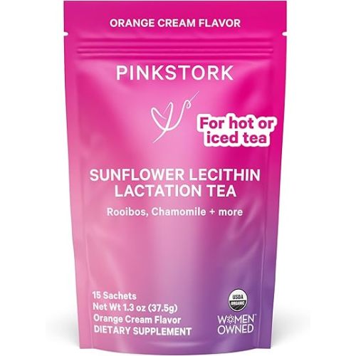 Pink Stork Sunflower Lecithin Lactation Tea, Clogged Milk Duct Support Tea with Fenugreek for Breast Milk Flow, Breastfeeding & Pumping Essentials - Vanilla Orange, 15 Sachets