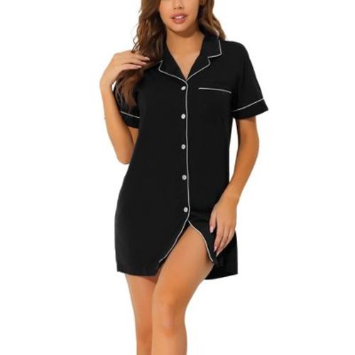 cheibear Women's Notched Collar Button Down Pajama Shirt Dress with Pocket