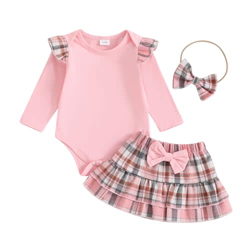 Kuriozud Cute Newborn Baby Girl Fall Winter Outfit Long Sleeve Ruffle Romper Plaid Bow Skirt Set Headband 3 Piece Clothes