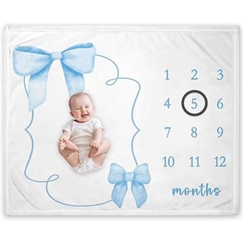 Yuzioey Blue Bow Milestone Blanket for Girl Boy,Bowknot Baby Growth Chart Monthly Blanket, Watch Me Grow Girl Baby Nursery for New Moms Shower(50"x40")