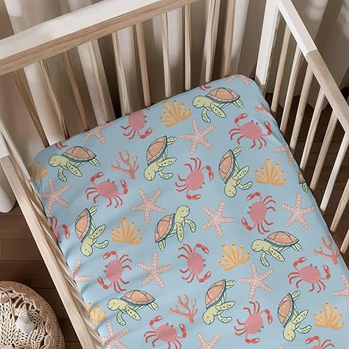 Cute Ocean Animals Starfish Sea Turtle Crabs Pattern Baby Sheets for Crib, Unisex Sea Animals Theme Nursery Fitted Bed Sheet for Boys Girls Standard Crib and Toddler Mattress-28x52