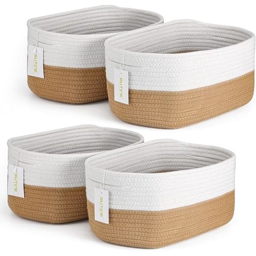 4Pcs Storage Baskets for Organizing, Rectangular Woven Baskets for Storage, Cotton Rope Storage Bins for Shelves, Cube Storage Decorative Baskets for Towels, Clothes, Book and Toys, Brown & White - Brown& white
