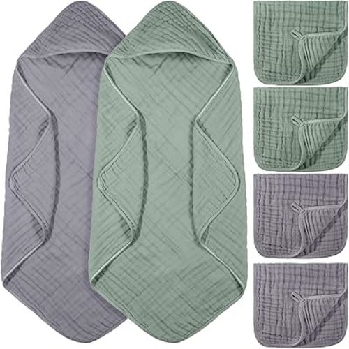 6 Pcs Baby Muslin Hooded Bath Towels and Washcloths, 32 x 32 Inch Muslin Cotton Hooded Baby Towels Absorbent Blankets for Gift Newborn Infant Shower(Green, Gray)