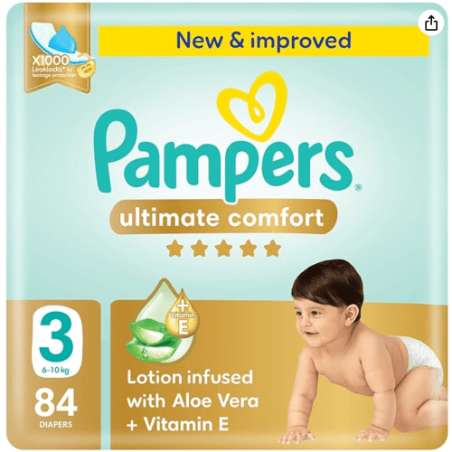 AED 81.90 (NOT 81.90) Pampers Ultimate Comfort Taped Diapers, Size 3, 6-10kg, Lotion infused with Aloe Vera and Vitamin E, x1000 Leak Locks Technology for Leakage Protection, Giant Pack, 84 Count : Amazon.ae