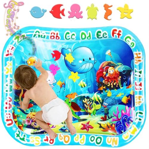 Large Baby Water Mat XXL 37.4"x29.9", Safe Inflatable Tummy Time Mat for Infants & Toddlers with Ocean Animals, ABC Letters, Water Pad Sensory Toy for Playtime & Early Education(Blue)