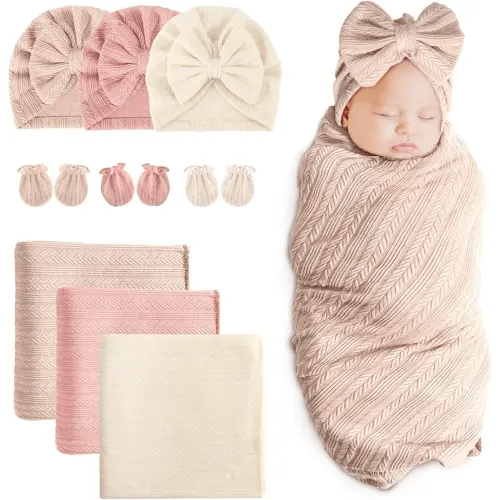 DRESHOW BQUBO Newborn Receiving Blanket Hat Mittens Set for Baby, Unisex Baby Boys Girls Essentials, Newborn Registry Must Haves, Stroller Crib Shower Gifts