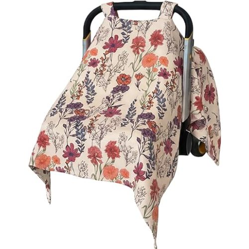 Muslin Baby Carseat Cover - Floral Infant Carrier Canopy, Soft & Breathable Car Seat Cover for Babies, Lightweight Sunshade for Summer, Universal Fit for Boys & Girls