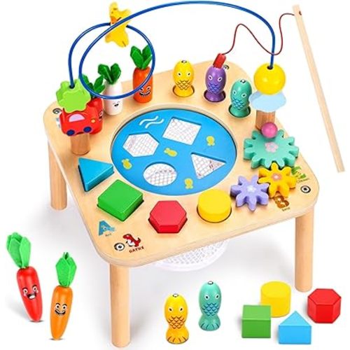 oathx Activity Table for 1 Year Old, 6 in 1 Wooden Montessori Activity Center with Bead Maze Shape Sorter Fishing Game, Kids Sensory Play Table Toddler Toys 1st Birthday Gifts Boy Girl