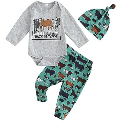 Western Newborn Baby Boy Fall Clothes New to The Herd Onesie Cow Print Pants 3Pcs Country Cowboy Coming Home Outfit