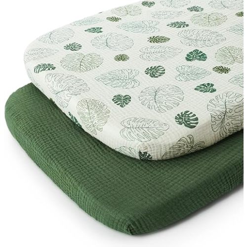 Blissful Diary Muslin Bassinet Sheets for Baby Girls Boys, Boho Soft Cotton Fitted for Oval Hourglass Rectangle Mattress, 2 Pack(Monstera&Dark Green)
