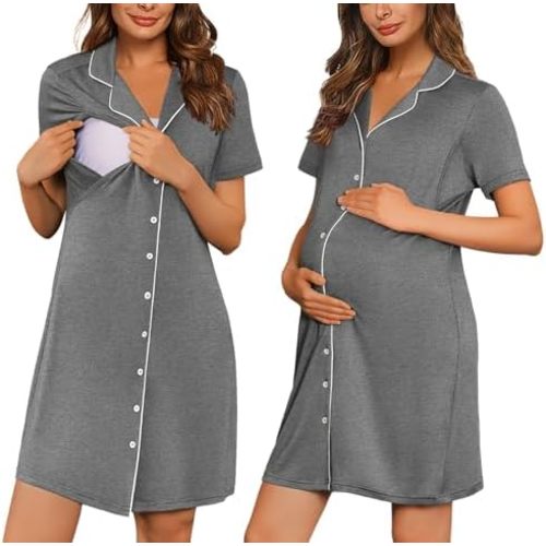 Ekouaer Button Down Nursing Nightgown V Neck Breastfeeding Dress Short Sleeve Classic Maternity Pajamas