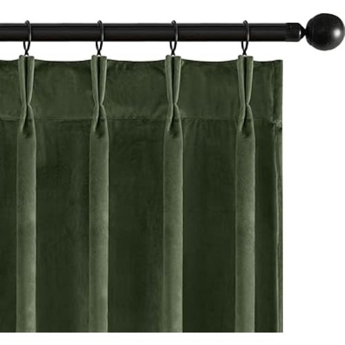 MIULEE Olive Green Velvet Curtains 96 inches Long, Pinch Pleated Blackout Drapes with Hooks, Thermal Insulated Pinch Pleat Panels for Bedroom Living Room, 2 Panels
