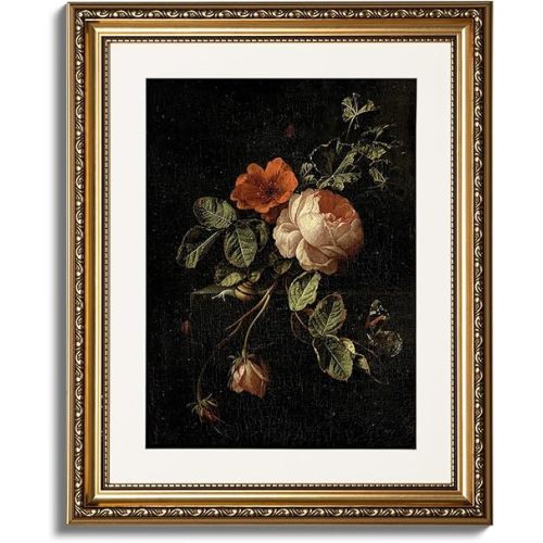 ARPEOTCY Vintage Gold Framed Wall Art, 13x16 Inch Floral Rose Retro Picture Paintings, Antique Canvas Artwork, Victorian Picture Photo Frame Wall Decor for Gallery Bathroom Bedroom