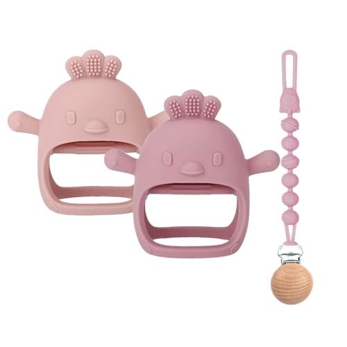 3 Packs Baby Teether Toy for 0-6 6-12 Months,Hold & Wear,BPA Free,Food Grade Silicone Teething Mitten, Anti Dropping Wrist Hand Teethers Baby Chew Toys for Sucking Needs(Pink & Dark Pink)