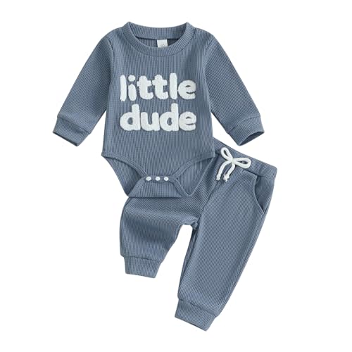FOMOYUU Newborn Baby Boy Clothes Waffle Letter Embroider Long Sleeve Romper Pullover Tops and Pants Sets Fall Winter Outfits