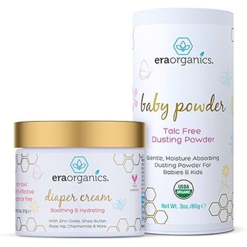 Organic Baby Powder & Diaper Rash Cream– USDA Organic Talc-Free Powder & Zinc Oxide Diaper Cream to Help Soothe, Moisturize & Protect Delicate Skin
