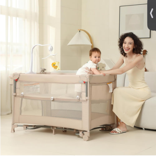 5 in 1 Pack and Play, Baby Bassinet Bedside Sleeper, Baby Playard, Bedside Crib with Changing Table, Foldable Travel Playard for Newborn to Toddles (Beige)