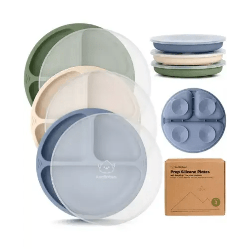 3-Pack Prep Suction Plates with Lids, 100% Silicone Baby Plates with Lid, BPA-Free Kids Divided Toddler Plates