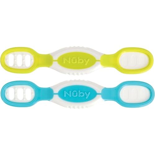 Nuby Dip & Scoop Spoons - (2-Pack) Baby Led Weaning Spoons for Babies - 6+ Months - Aqua and Yellow