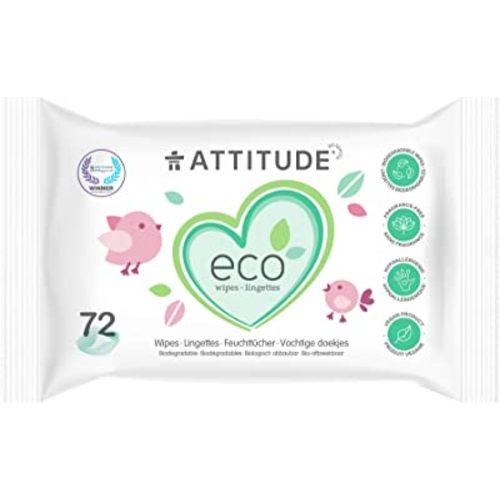 ATTITUDE Biodegradable Baby Wipes, Plant Based Unscented Diaper Wipes for Babies and Newborn, Dermatologically Tested, Vegan, 72 Count