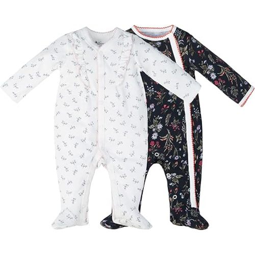 100% Cotton Baby Girls Footies Set of 2, 0-12 Months Long Sleeve Soft and Comfortable Toddler Girls' Footed