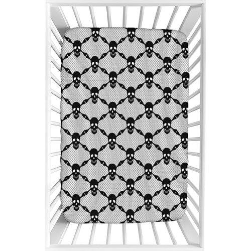Decorative Crib Sheet,Gothic Microfiber Silky Soft Toddler Mattress Sheet Fitted,28"x52"x9",Halloween Spooky Skeleton Bones Dark Skulls Checkered Print Baby Sheet, for Baby or Toddler Bed Nursery