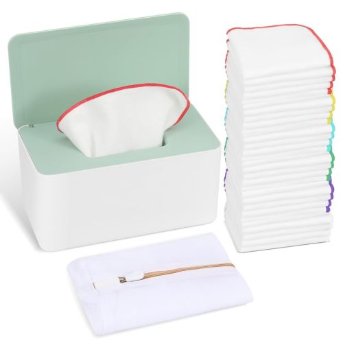 54 Packs Flannel Cloth Baby Wipes Reusable Baby Wipes with Green Upgraded Wipes Dispenser, Reusable & Durable Cloth Wipes, Body Face Hand Washcloth Essential for Baby Wipes