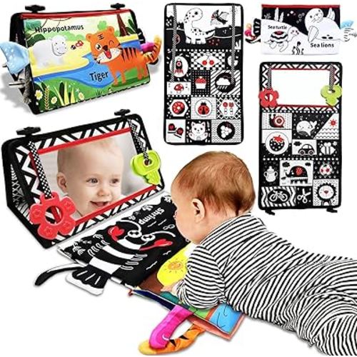 Tummy Time Mirror Newborn Toys: Infant Tummy Time Toys 0-3 0-6 6-12 Months Babies High Contrast Baby Toy with Baby Book & Teethers Black and White Montessori Sensory Floor Toy for Boy Girl Baby Gifts