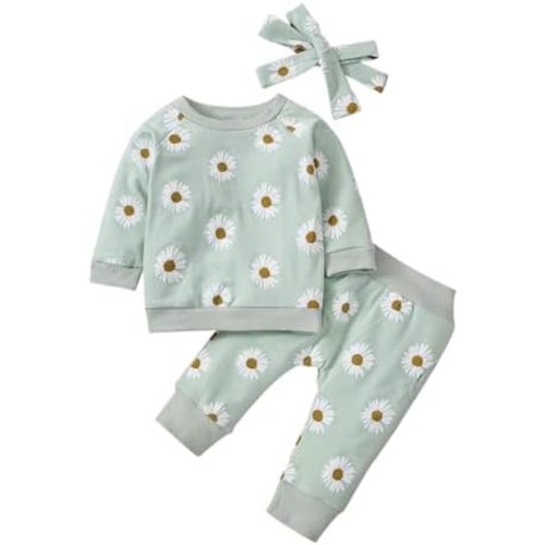 i-Auto Time Newborn Infant Baby Girl Clothes Long Sleeve Daisy Flower Sweatshirt+Pants+DIY Headband Outfit Clothing Set