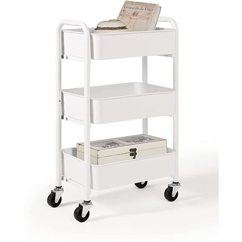 SunnyPoint 3-Tier Delicate Compact Rolling Metal Storage Organizer - Mobile Utility Cart Kitchen/Under Desk Cart with Caster Wheels (WHT, Compact (15.5" X 26.8" X 10.27"))