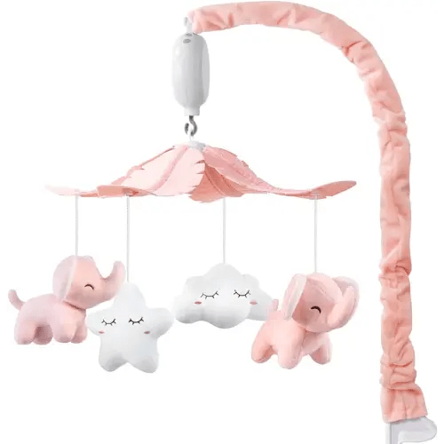 FEISIKE Baby Crib Mobile for Girls Boys with 3 Modes Digital Musical Motor(Rotating Only, Music Only, Rotating & Music, 35 Lullabies, Pink Elephant Nursery Mobile, Knob Type