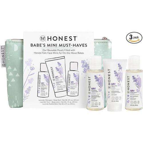 The Honest Company Babe's Mini Must Haves Gift Set Travel Size Hypoallergenic Lavender Bathtime Essentials Shampoo Body Wash (2 fl oz) Face Lotion (1 Bubble Bath