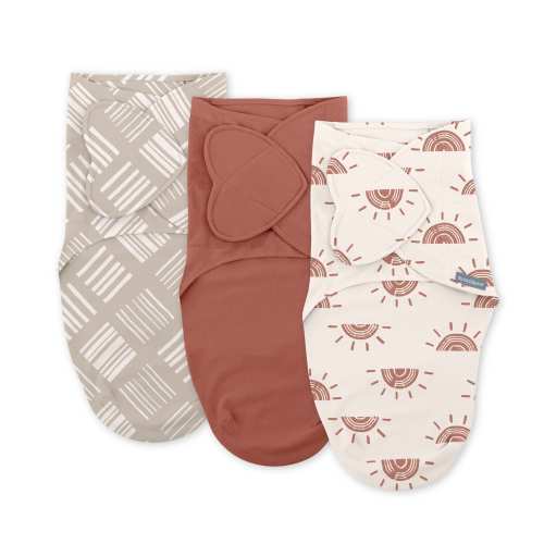 SwaddleMe by Ingenuity Monogram Collection Baby Swaddle, 100% Cotton, 0-3 Months, Pocket Fold Design for Easy Changes, 1.0 TOG, 3-Pack - Rising Sun